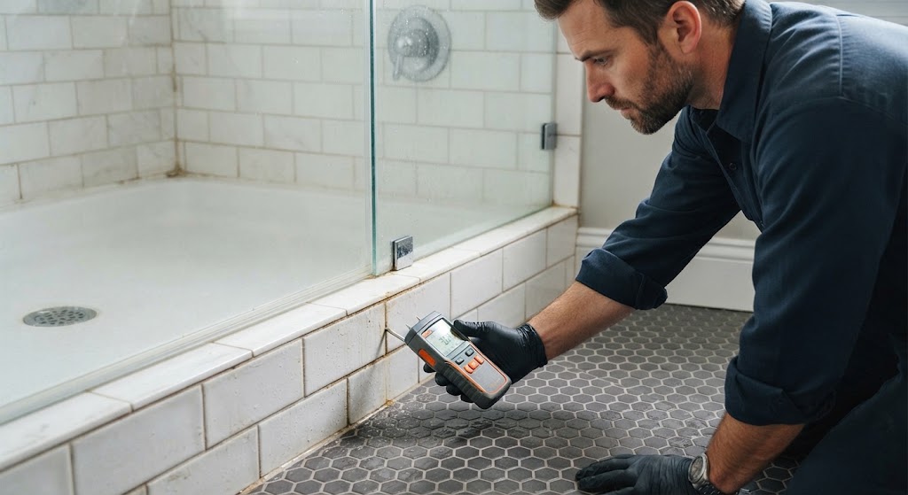 Moisture detection inspection in bathroom preparing for diagnosis