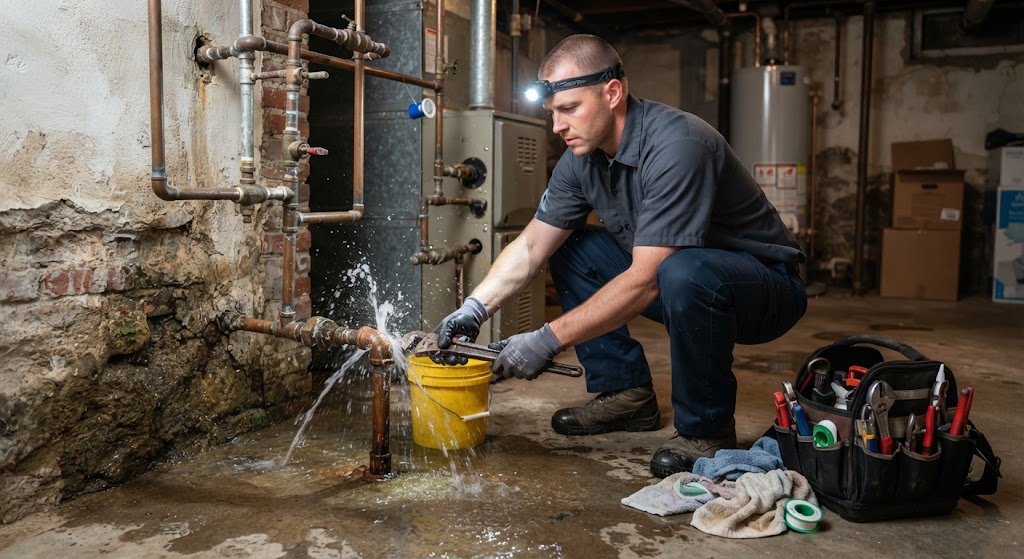 Specialist handling emergency leak repair Marlboro NJ on burst indoor water line