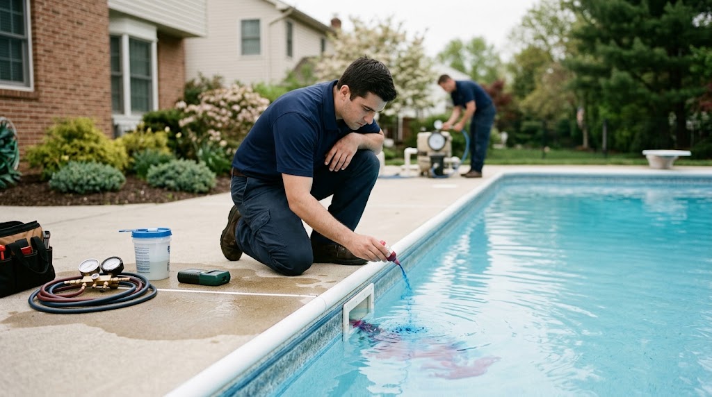 Specialist performing pool leak detection Marlboro NJ on skimmer and plumbing line