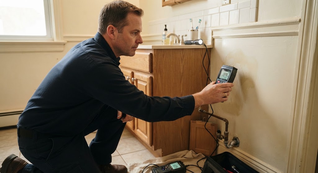 Moisture meter pin test on drywall partition
