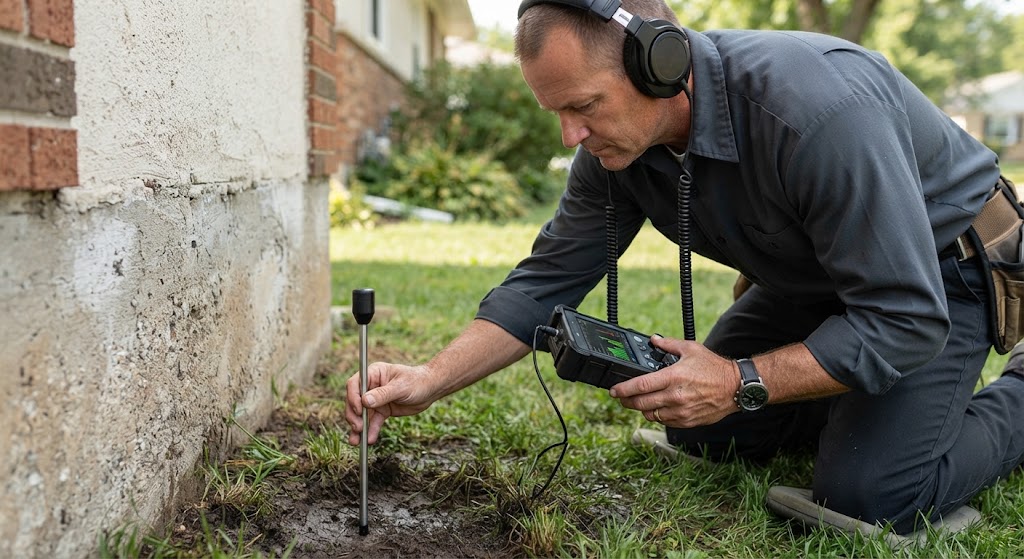 Ground acoustic rod testing buried lawn water line